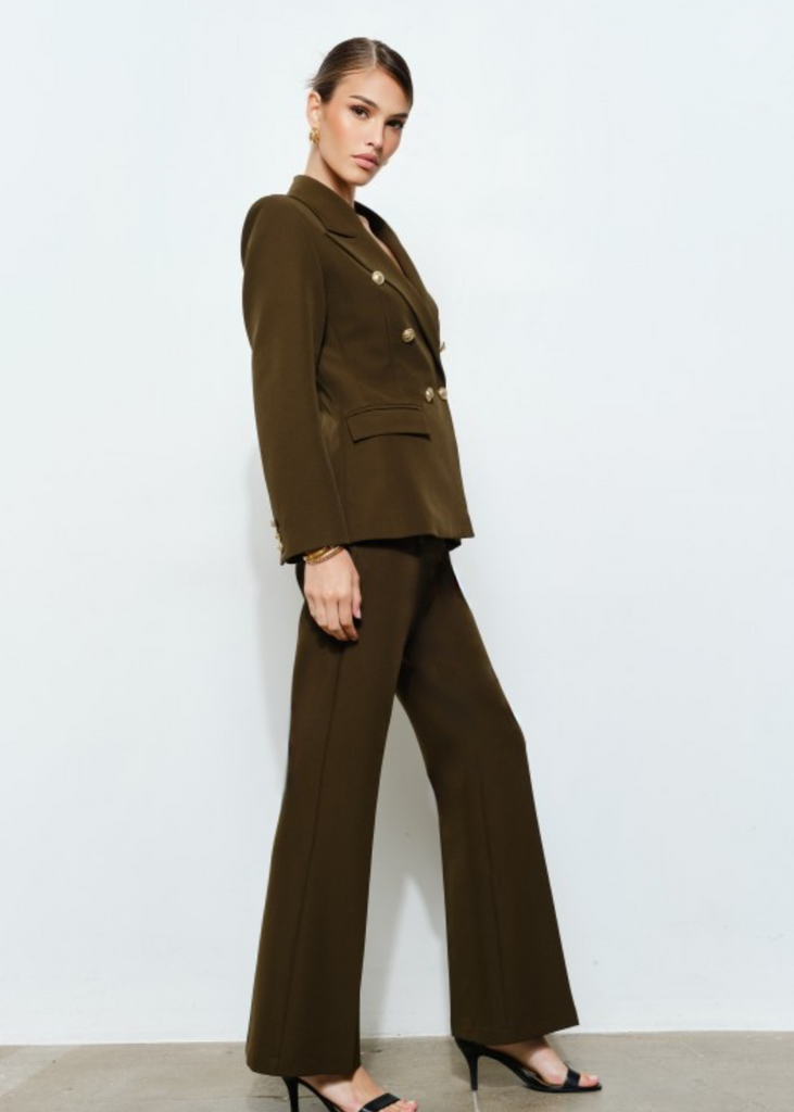  Elegant dark olive green pantsuit with statement gold buttons, tailored fit for professional women