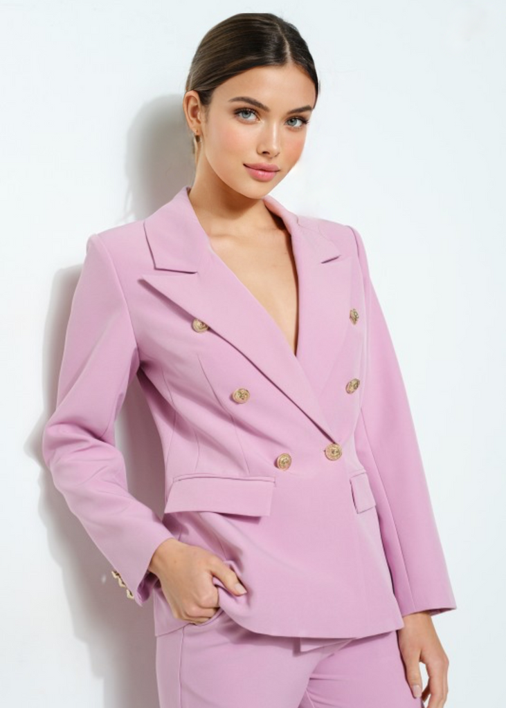 Elegant pink three-piece power suit designed for executives, entrepreneurs, and speakers