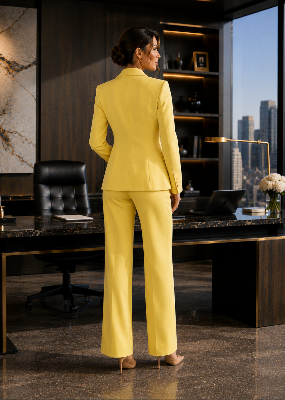 Back view of the Executive Glow Light Yellow Three-Piece Suit Set showcasing the tailored blazer and straight-leg trousers in an elegant executive office.