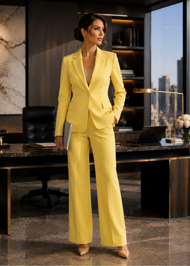 Woman wearing the Executive Glow Light Yellow Three-Piece Suit Set with beige pumps in a luxury executive office, styled for professional business meetings.