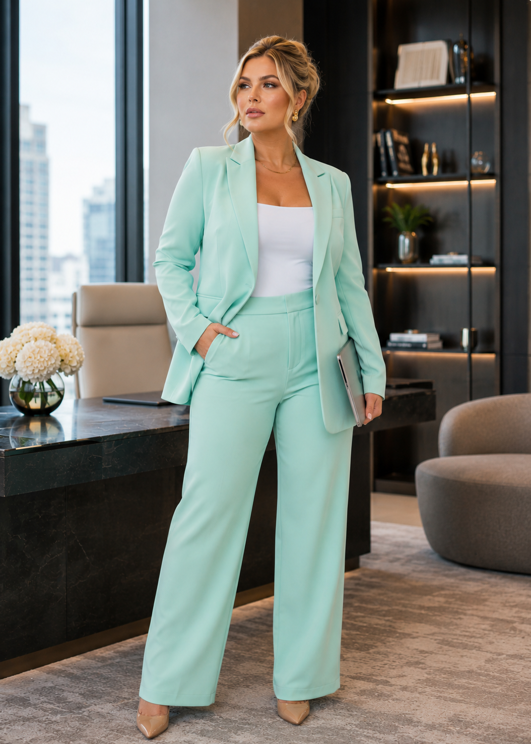 Curvy professional woman wearing the Executive Glow Mint Green Three-Piece Suit Set in a luxury executive office, featuring a tailored blazer, white blouse, and elegant wide-leg pants.
