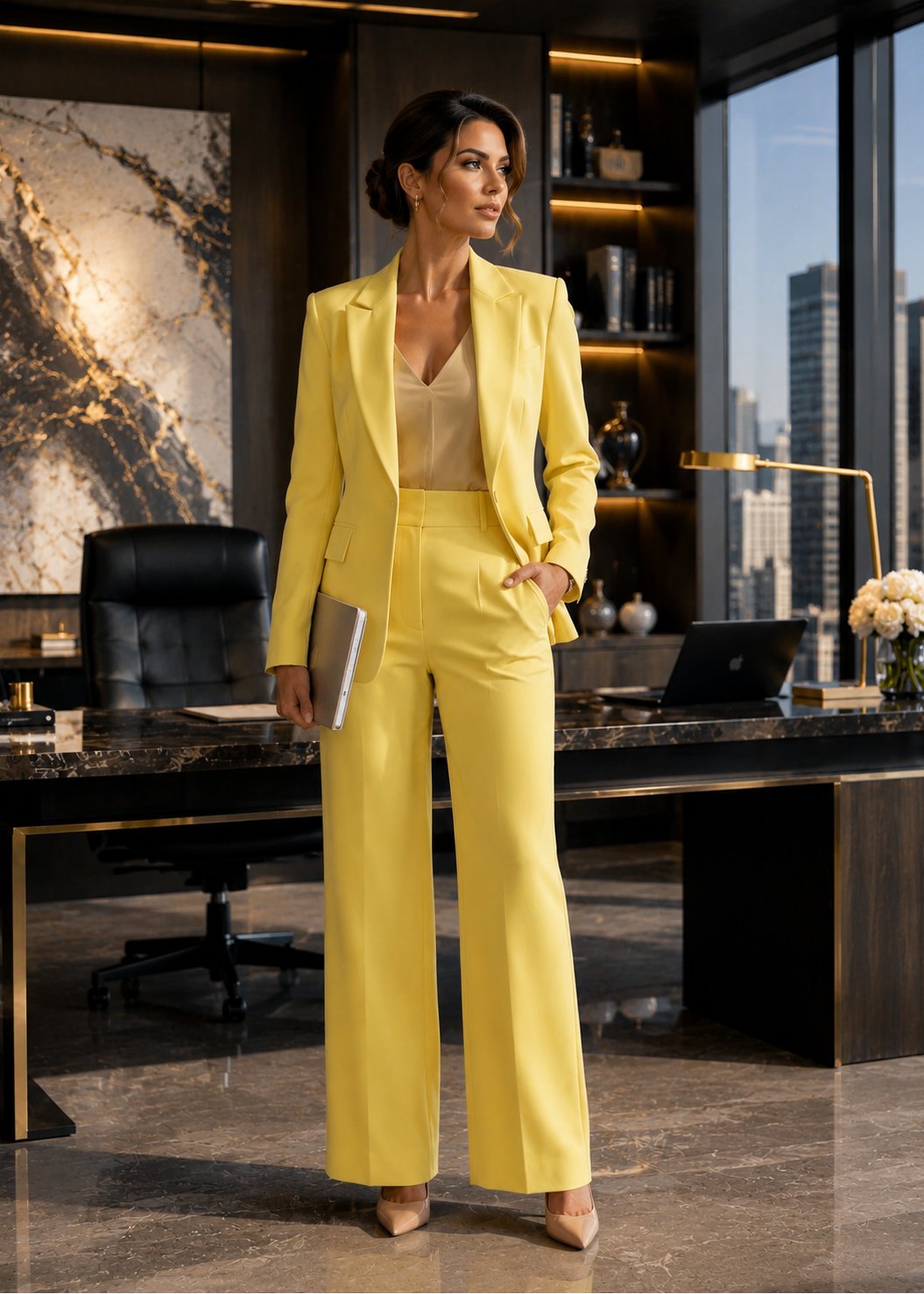 Elegant light yellow women’s business suit with tailored blazer and trousers styled for executives, corporate events, leadership conferences, and professional office wear.
