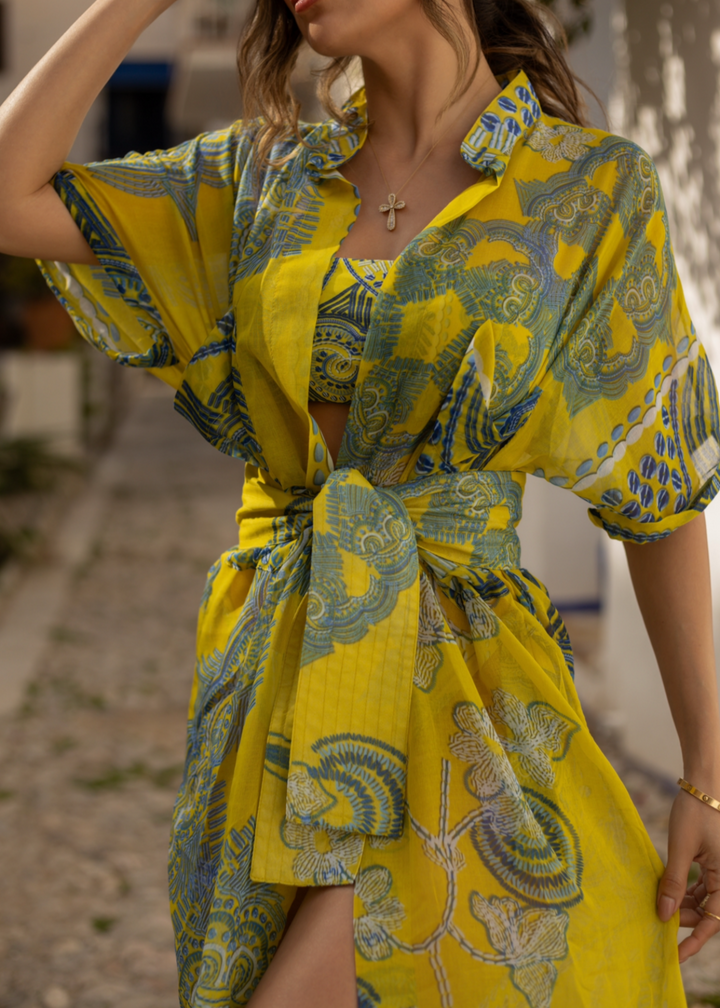 Monaco Kimono in sheer yellow and blue print, luxury resortwear cover-up with adjustable waist tie.