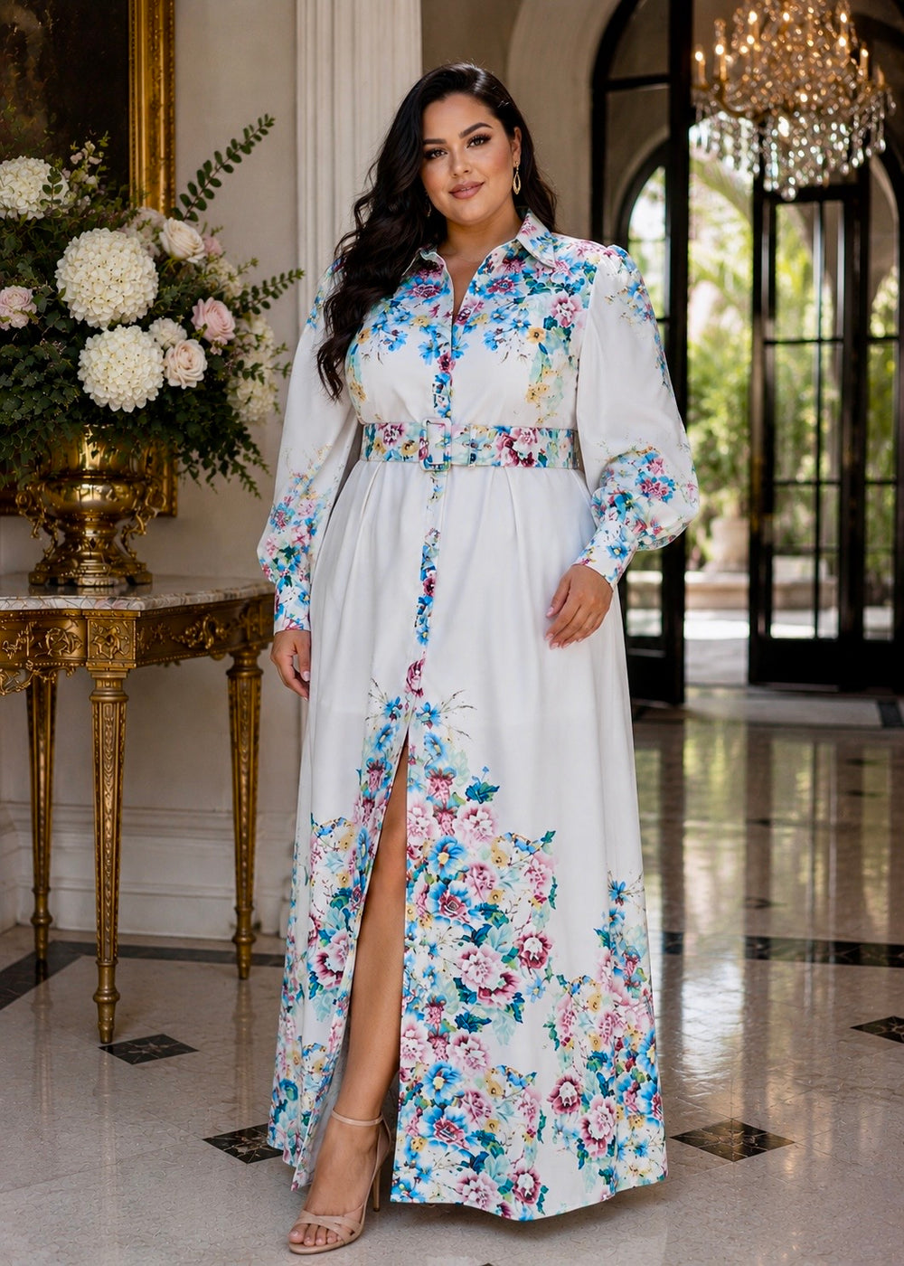 Curvy model wearing the Francis Floral Long Sleeve Maxi Dress with a belted waist and timeless floral design for elegant occasions.