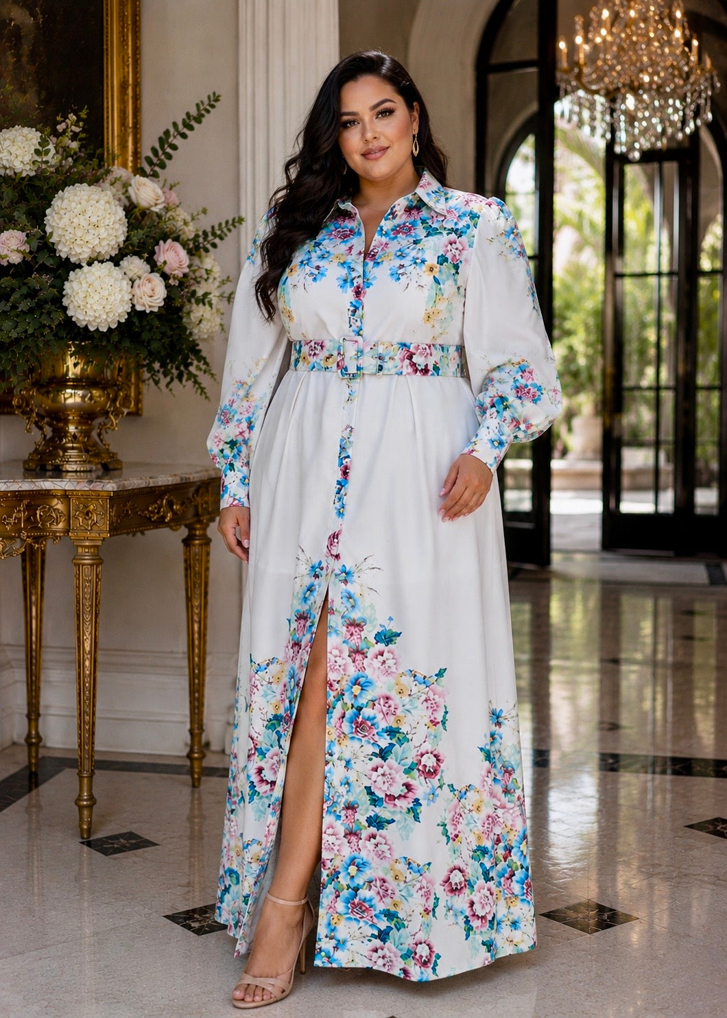 Curvy model wearing the Francis Floral Long Sleeve Maxi Dress with a belted waist and timeless floral design for elegant occasions.