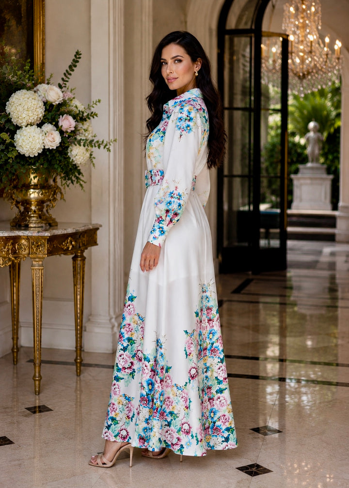 Side view of the Francis Floral Long Sleeve Maxi Dress highlighting the elegant silhouette, floral print and flowing maxi skirt.
