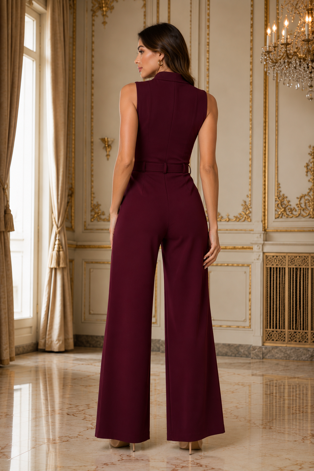 Burgundy Elegance Sleeveless Belted Wide-Leg Jumpsuit | Women’s One-Piece Outfit