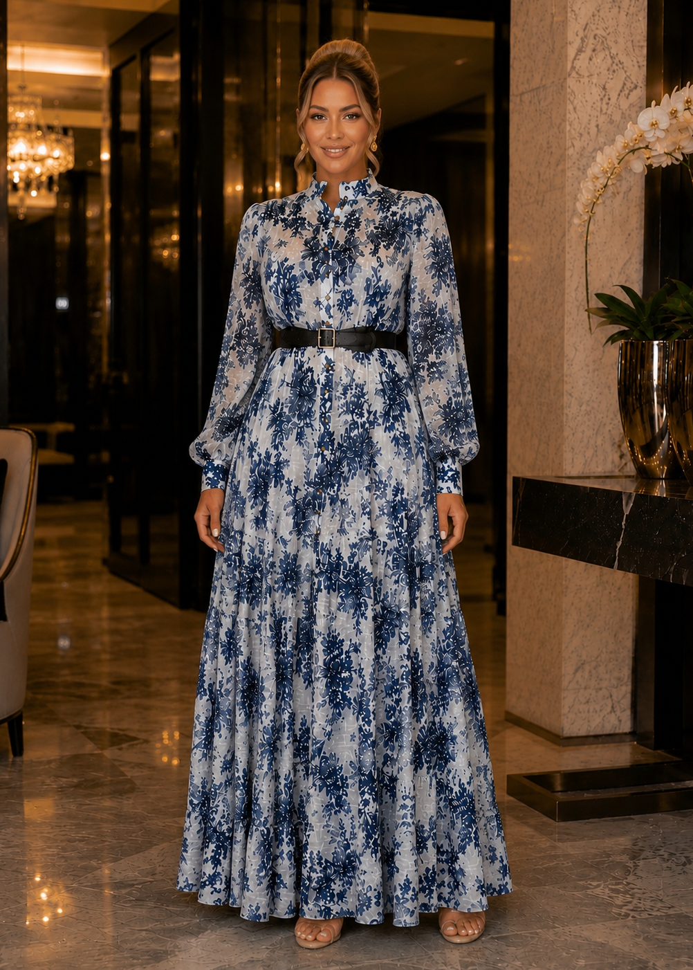 Woman wearing JOUI Floral Long Sleeve Maxi Dress with elegant floral print and button front in a luxury hotel lobby.