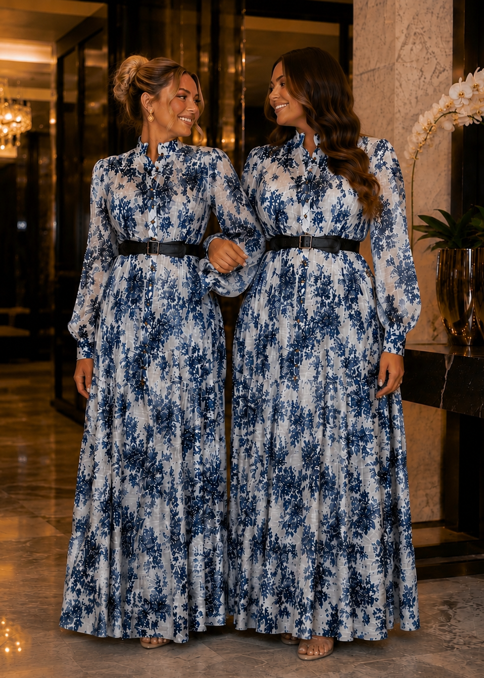 Luxury floral maxi dress with lantern sleeves, removable waist belt, and flowing tiered skirt available in Regular and Plus Size