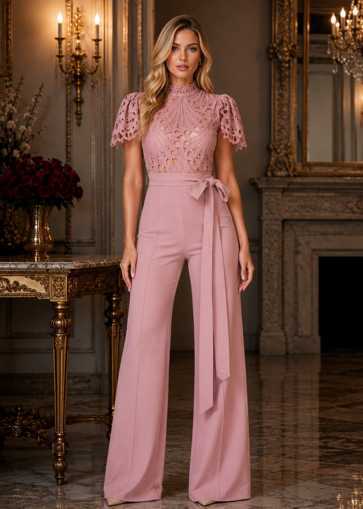Elegant woman wearing the Janet Baby Pink Lace High-Neck Wide-Leg Jumpsuit in a luxury editorial setting, showcasing the intricate lace bodice, feminine silhouette, and sophisticated special occasion styling.