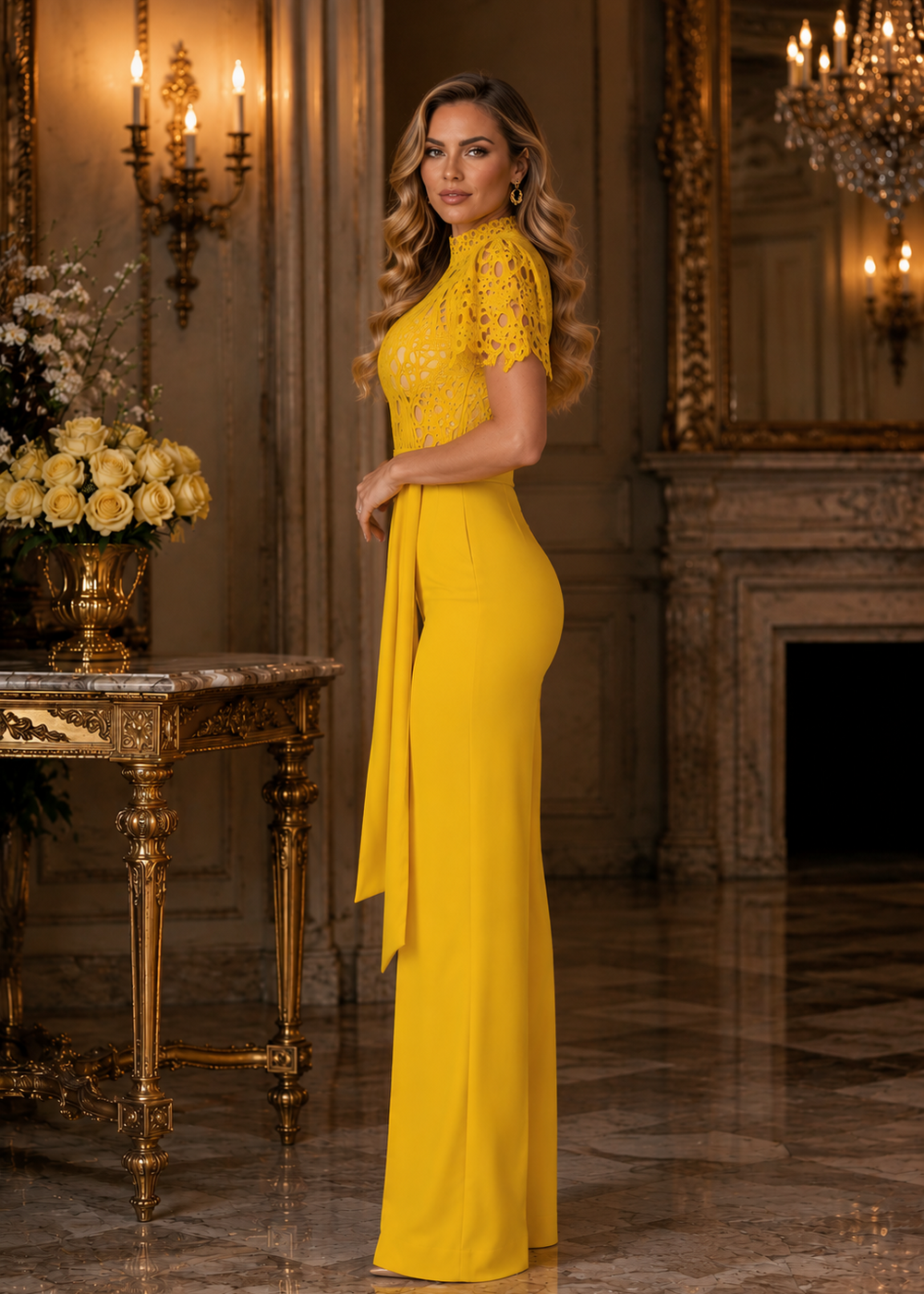 Side view of the Janet Yellow Lace High-Neck Wide-Leg Jumpsuit showcasing the elegant silhouette, lace bodice, statement sleeves, and flowing wide-leg design in a luxury editorial environment.