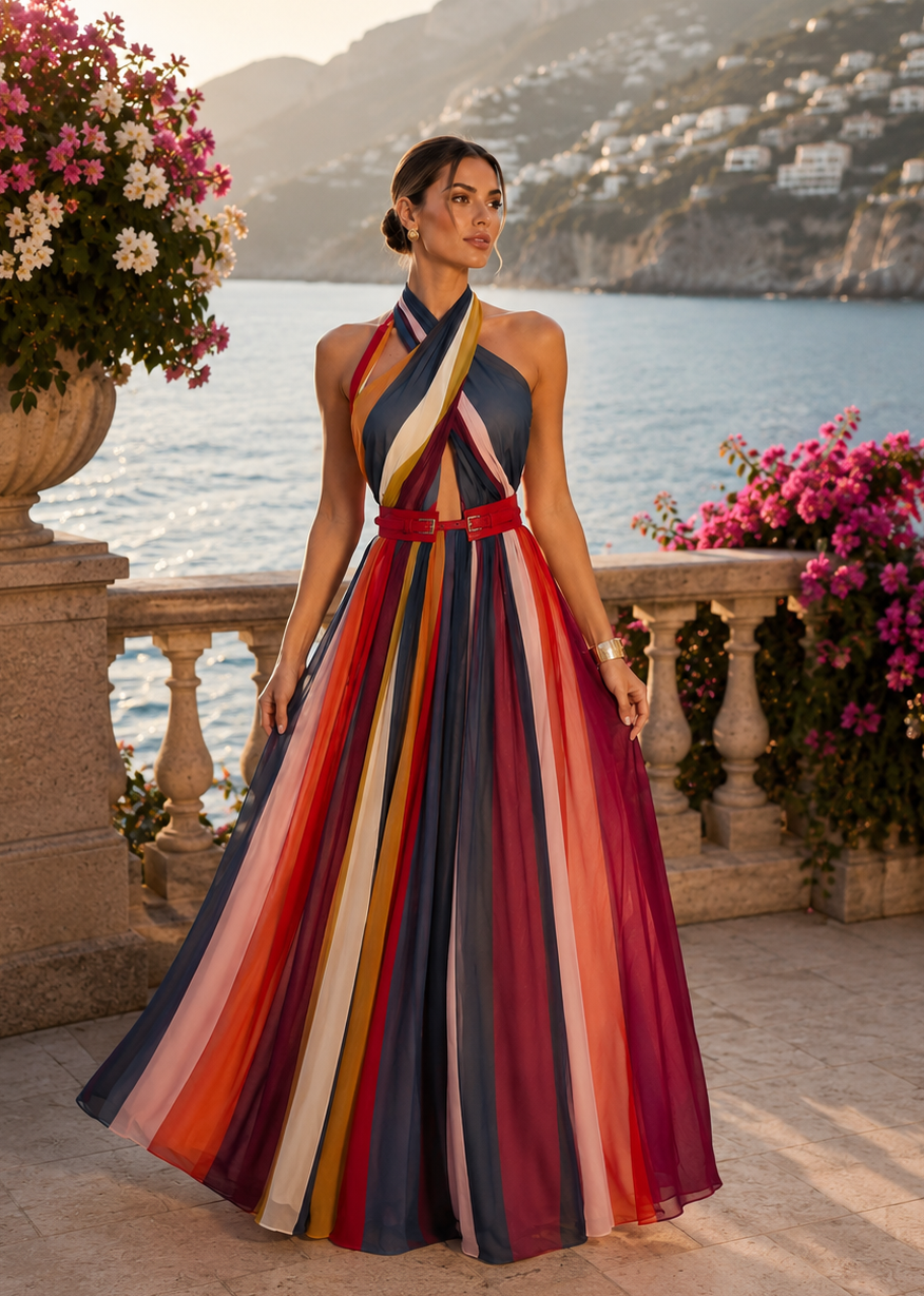 Woman wearing the LISSY multicolor halter neck maxi dress featuring colorful vertical panels, a red statement belt, elegant front cutout, and flowing chiffon silhouette.