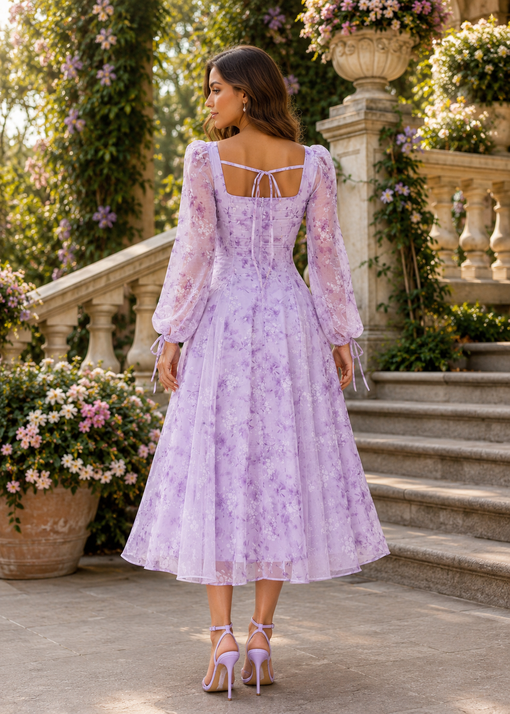 Back view of the Lavender Garden Romance Midi Dress showcasing the open back with tie detail, flowing floral midi skirt, and elegant lavender heels in a luxury garden setting.