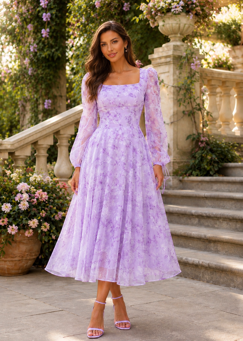 Lavender Garden Romance Midi Dress