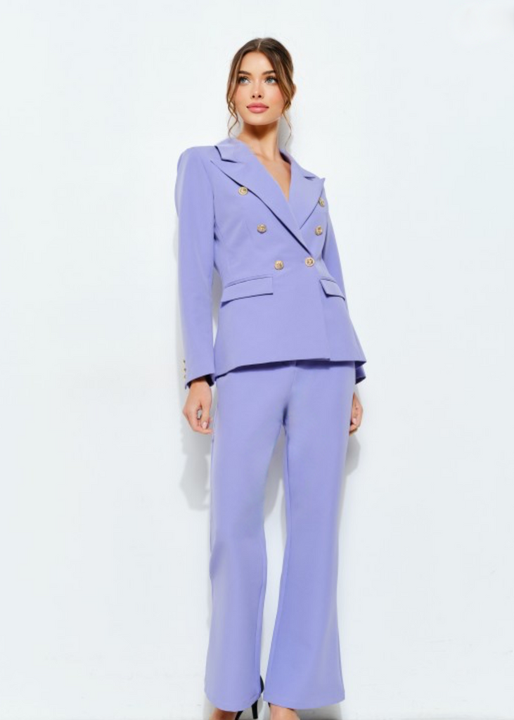 Close-up of lavender double-breasted blazer with gold button accents, tailored women’s business jacket in luxury lavender
