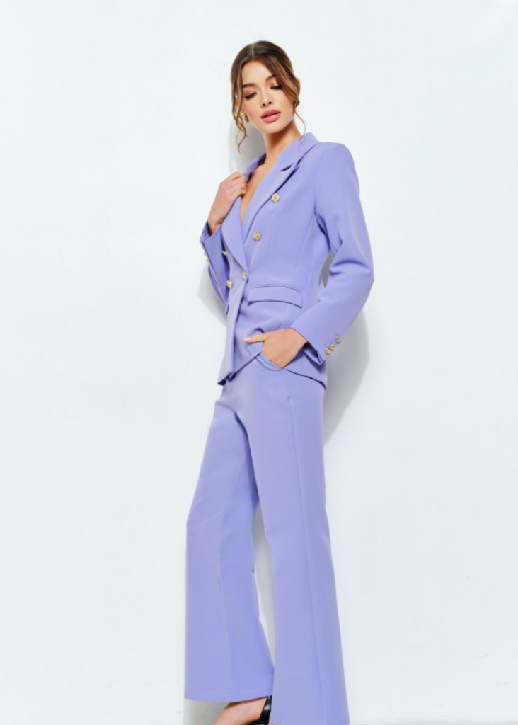 Back view of lavender tailored blazer with gold button details paired with matching trousers, elegant women’s pantsuit.