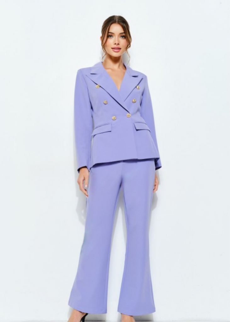 Side angle view of lavender blazer and trousers, double-breasted style with gold buttons, sophisticated women’s pantsuit