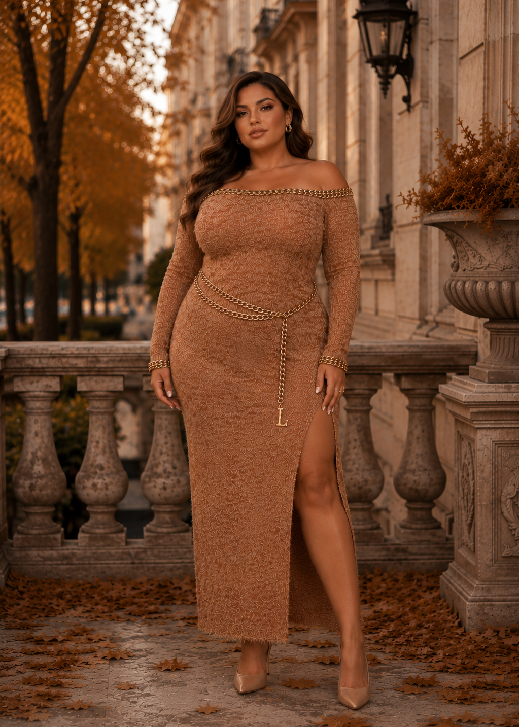 Plus size model wearing the Lisandra camel off shoulder knit maxi dress with gold chain belt in an elegant autumn luxury setting.