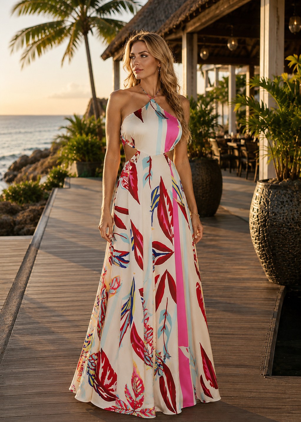 Front view of the LIZBETH Floral Halter Neck Cut Out Maxi Dress featuring a colorful tropical print, elegant halter neckline, flattering waist cutouts, and flowing maxi silhouette.