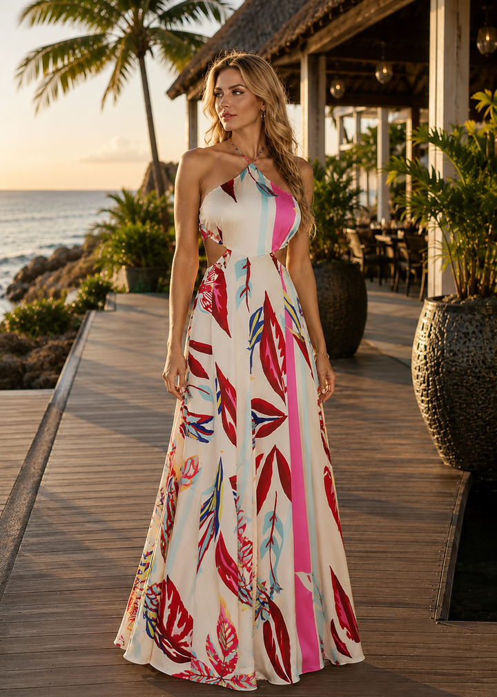 Front view of the LIZBETH Floral Halter Neck Cut Out Maxi Dress featuring a colorful tropical print, elegant halter neckline, flattering waist cutouts, and flowing maxi silhouette.