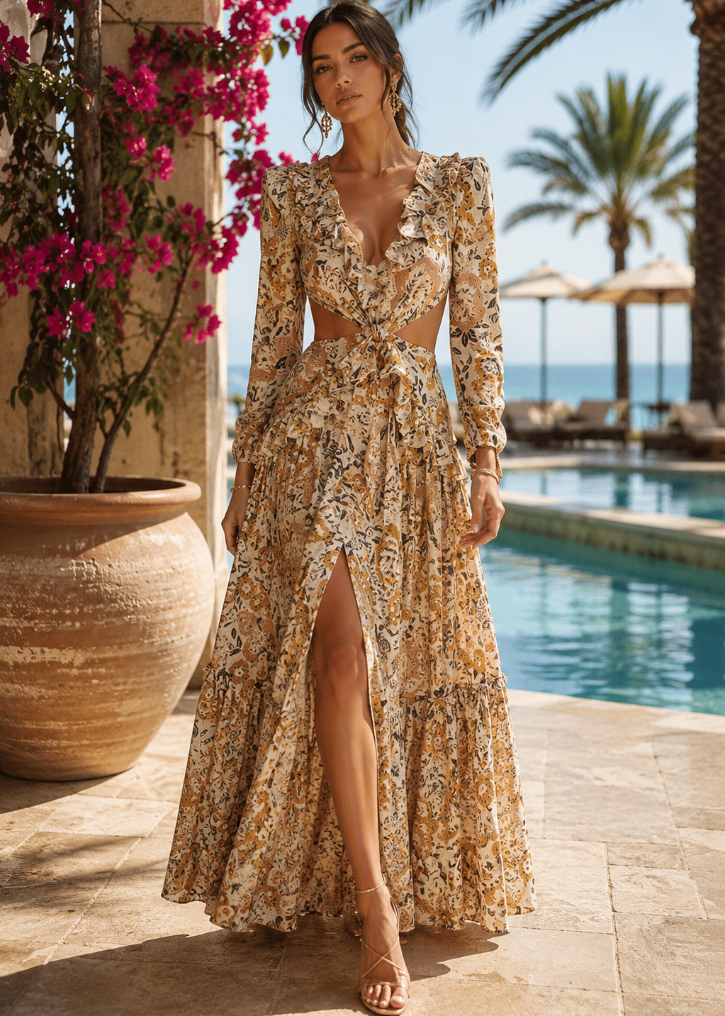 Woman wearing the MALAYSIA fall floral print maxi dress featuring a deep V-neckline, elegant waist cutouts, long sleeves, ruffle details, front slit, and flowing feminine silhouette.