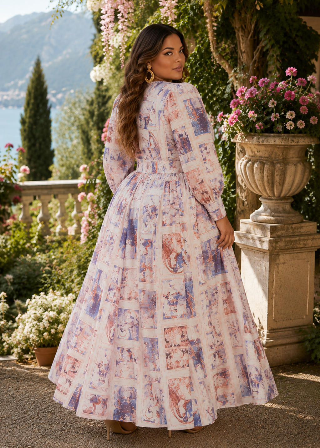 Back view of the MARTHA Renaissance Print Plus Size Maxi Dress showcasing the elegant Renaissance-inspired print, long sleeves, defined waist, and flowing full-length silhouette.