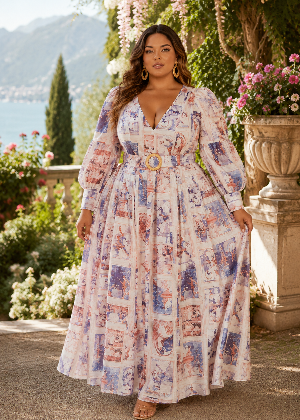 Plus size woman wearing the MARTHA Renaissance Print V-Neck Maxi Dress featuring elegant long puff sleeves, a flattering belted waist, flowing maxi skirt, and vintage-inspired Renaissance print.