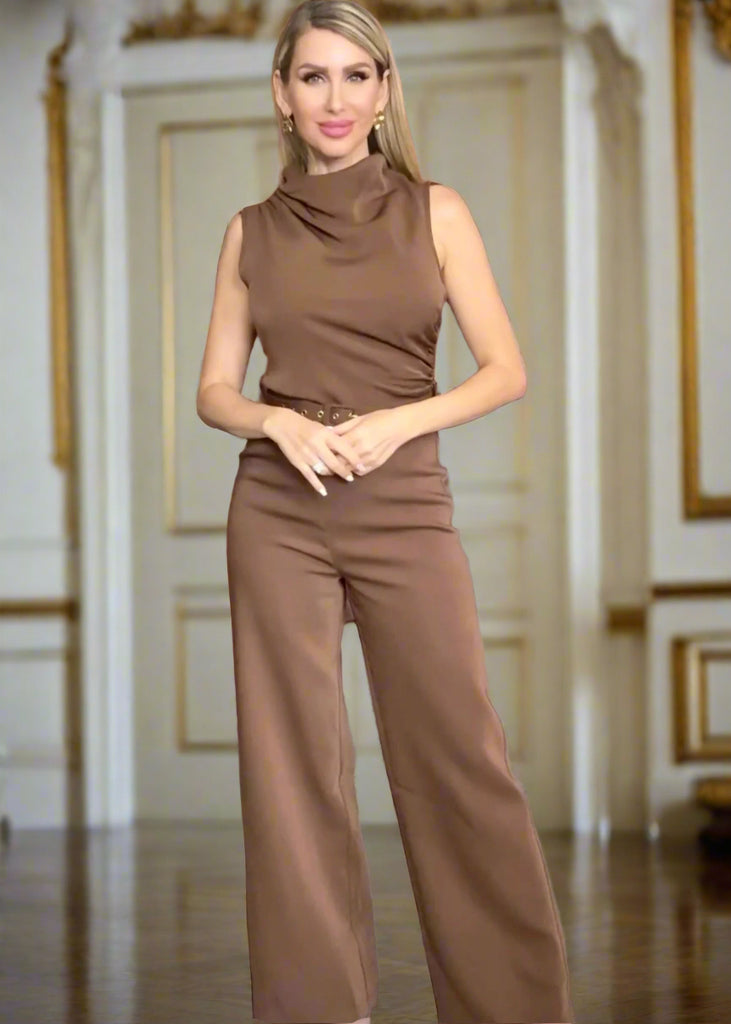 Woman wearing mocha brown wide-leg belted jumpsuit with draped neckline – front view full body
