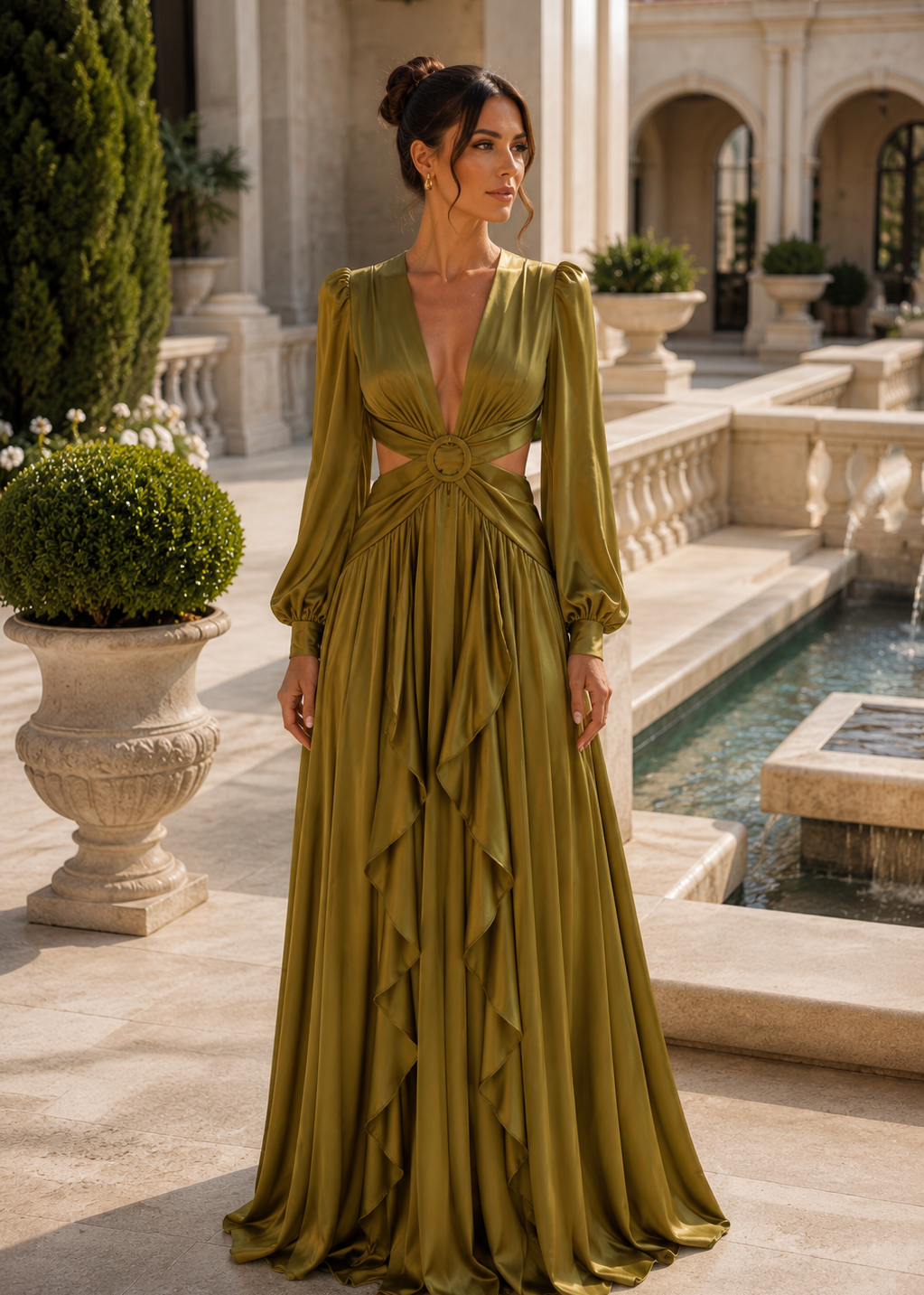 Woman wearing the Mykonos Olive Green Cutout Long Sleeve Satin Maxi Dress featuring a luxury satin fabric, elegant waist cutout, plunging neckline, and flowing maxi silhouette in a luxury Mediterranean courtyard.