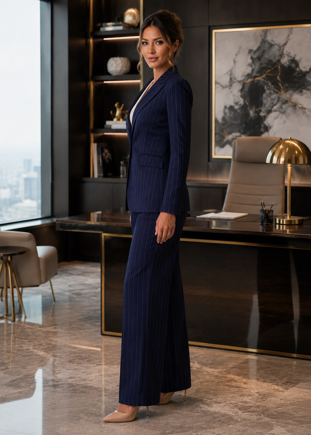 Side view of a navy pinstripe three-piece women’s power suit featuring a fitted blazer, wide-leg trousers, and white V-neck top in an elegant corporate office.