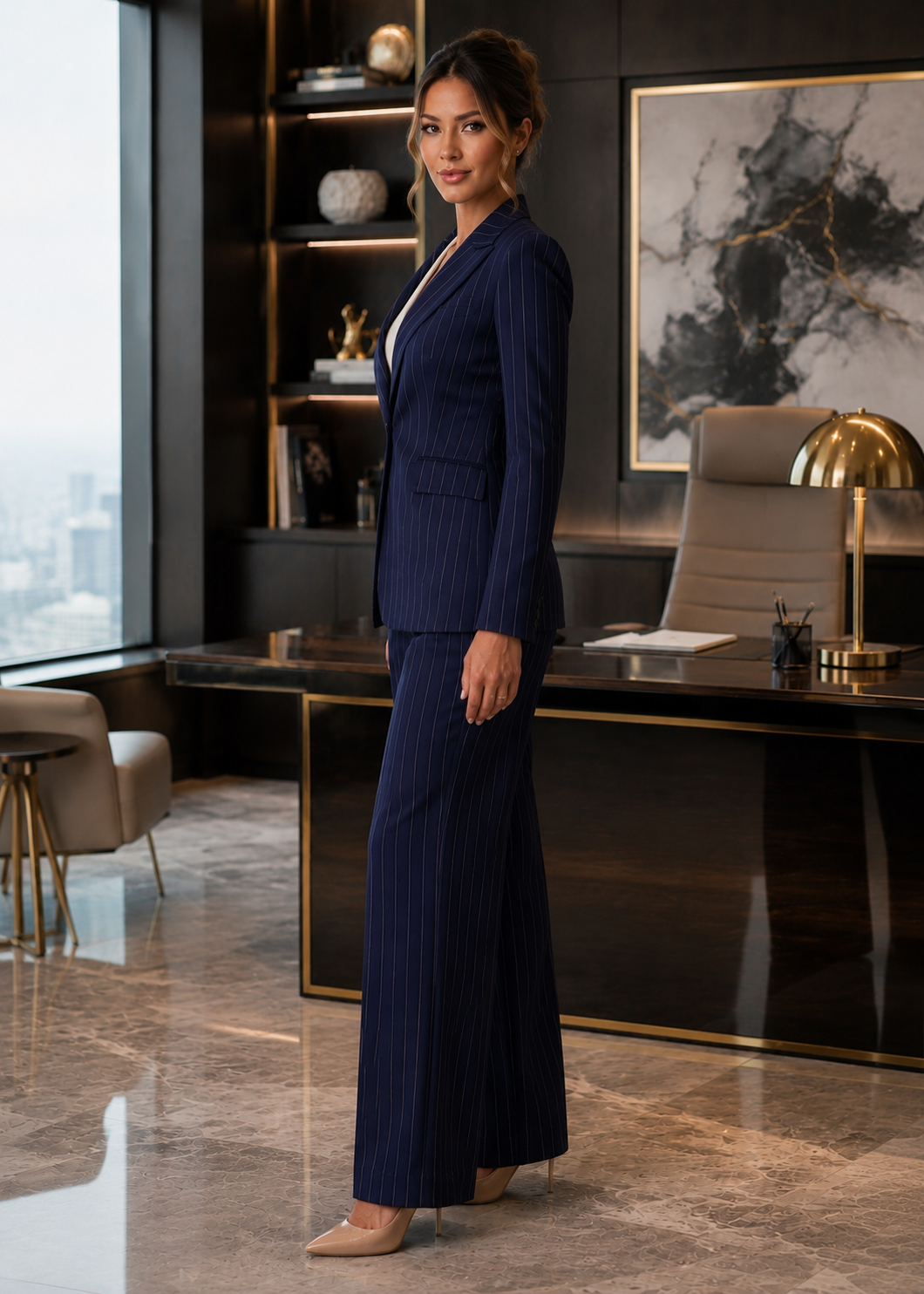 Side view of a navy pinstripe three-piece women’s power suit featuring a fitted blazer, wide-leg trousers, and white V-neck top in an elegant corporate office.