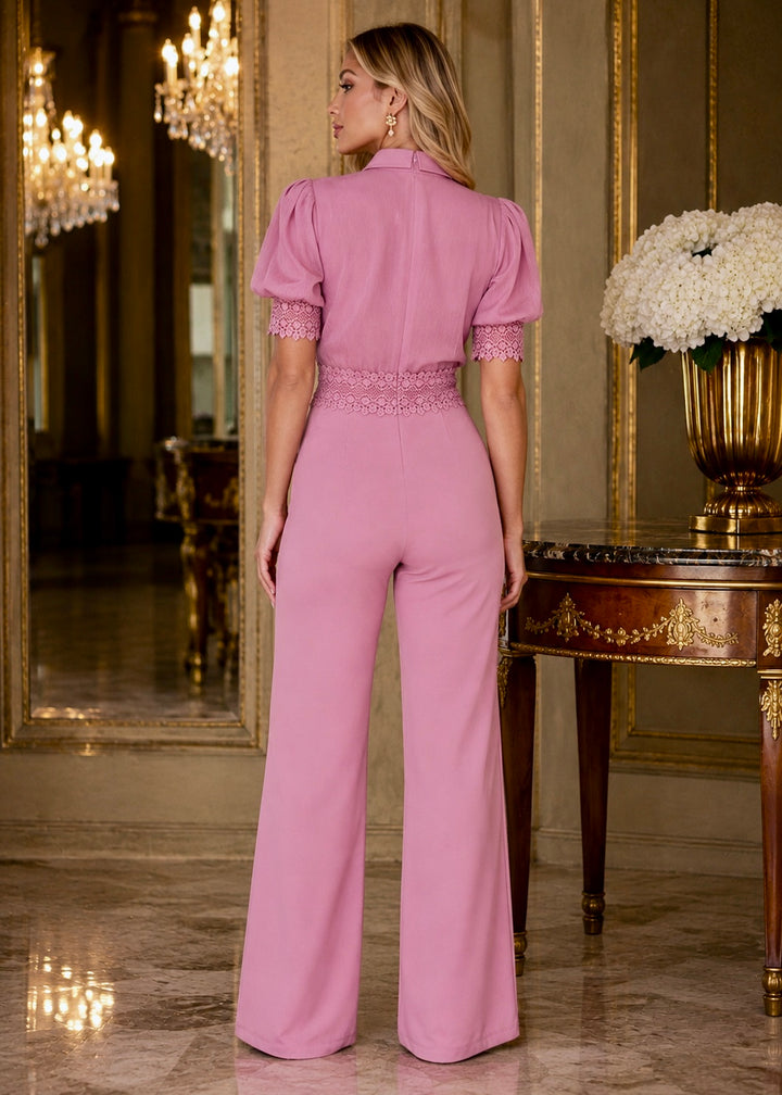 Back view of the Norma Pink Organza Jumpsuit showcasing the sheer organza back, tailored fit and flowing wide-leg silhouette.