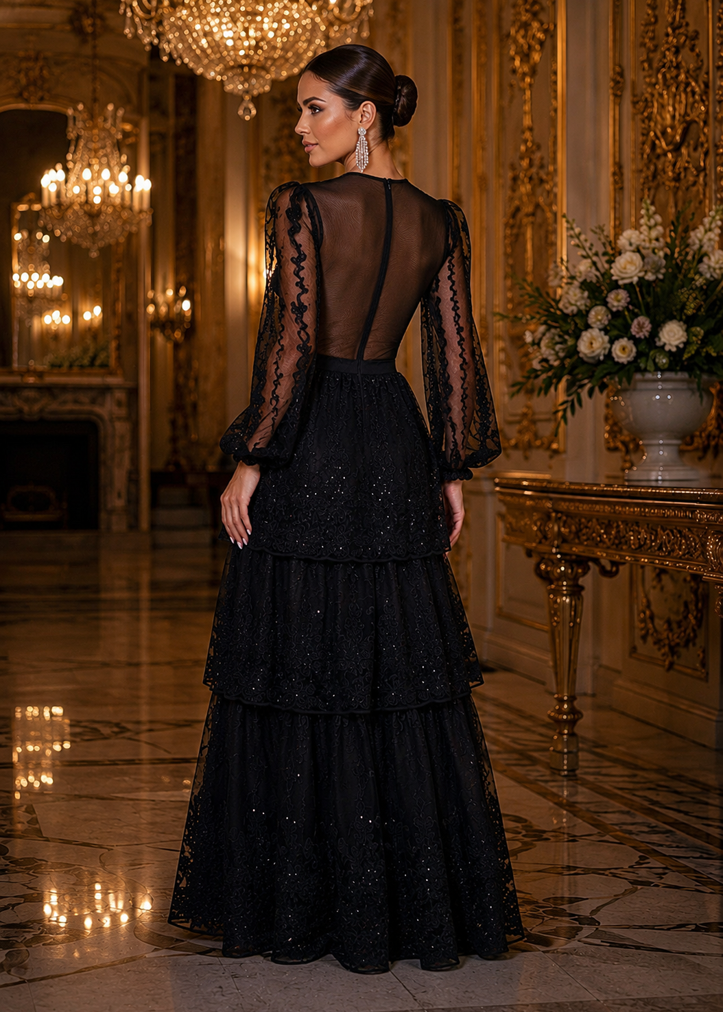 Back view of the ODILE Black 2-Piece Lace Body Suit &amp; Skirt showcasing the elegant sheer illusion back, embroidered lace, layered skirt, and subtle shimmering sequins in a grand palace ballroom.