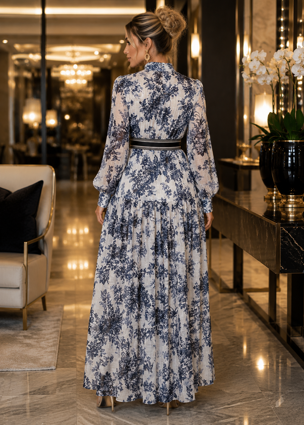 Luxury floral maxi dress with lantern sleeves, removable waist belt, and flowing tiered skirt available in Regular and Plus Size.