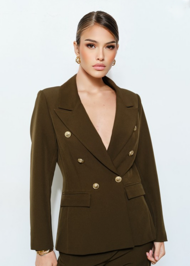  Close-up of gold button double-breasted olive green blazer, tailored design from Elegance By Marislay