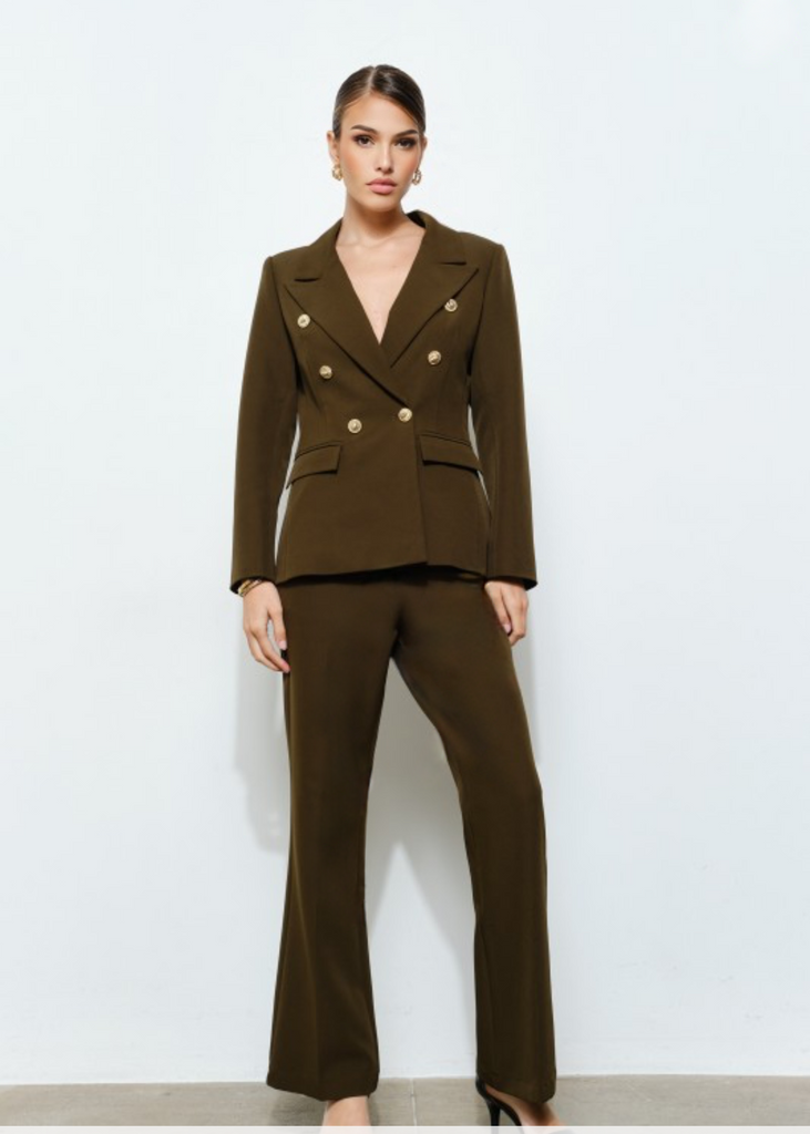  Close-up of gold button double-breasted olive green blazer, tailored design from Elegance By Marislay