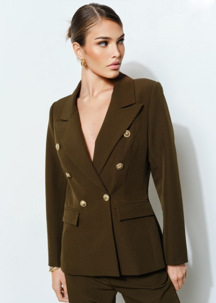 Back view of Olive Prestige Icon 2-piece pantsuit, tailored dark olive blazer with gold button details