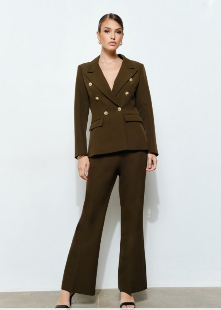  Woman wearing Olive Prestige Icon 2-Piece Suit Set with gold double-breasted blazer and tailored trousers, front view