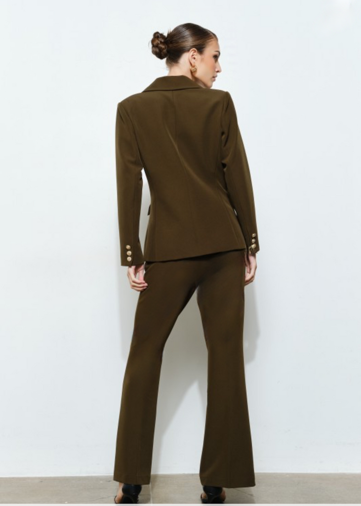 Full-body view of Olive Prestige Icon tailored 2-piece suit set, blazer and pants in dark green with gold accents