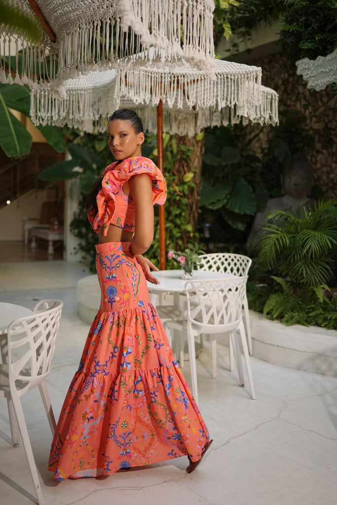 Côte d’Azur Orange Ruffle Top & Maxi Skirt Set