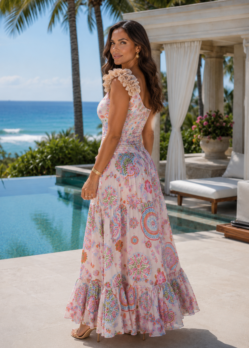 Luxury Portofino designer maxi resort skirt featuring an exclusive Mediterranean print, flowing silhouette, and elegant high-waisted fit for sophisticated beach vacations.
