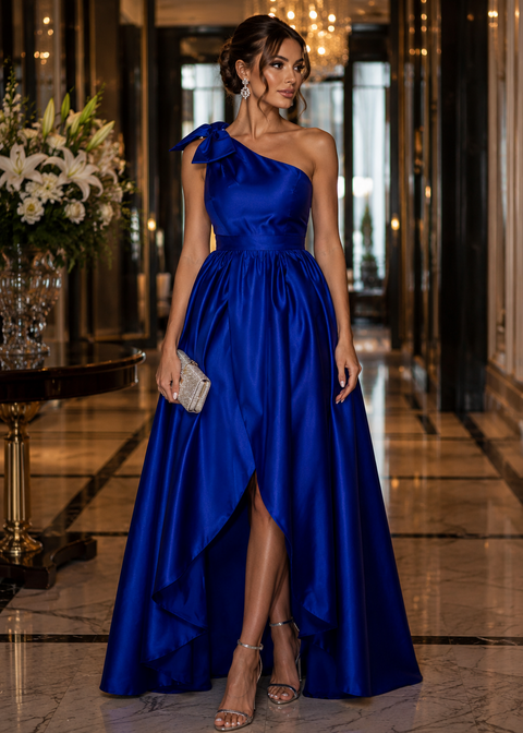 PRINCESS DIANA Royal Blue Satin Elegant Gown for Occasions M / US 6-8
