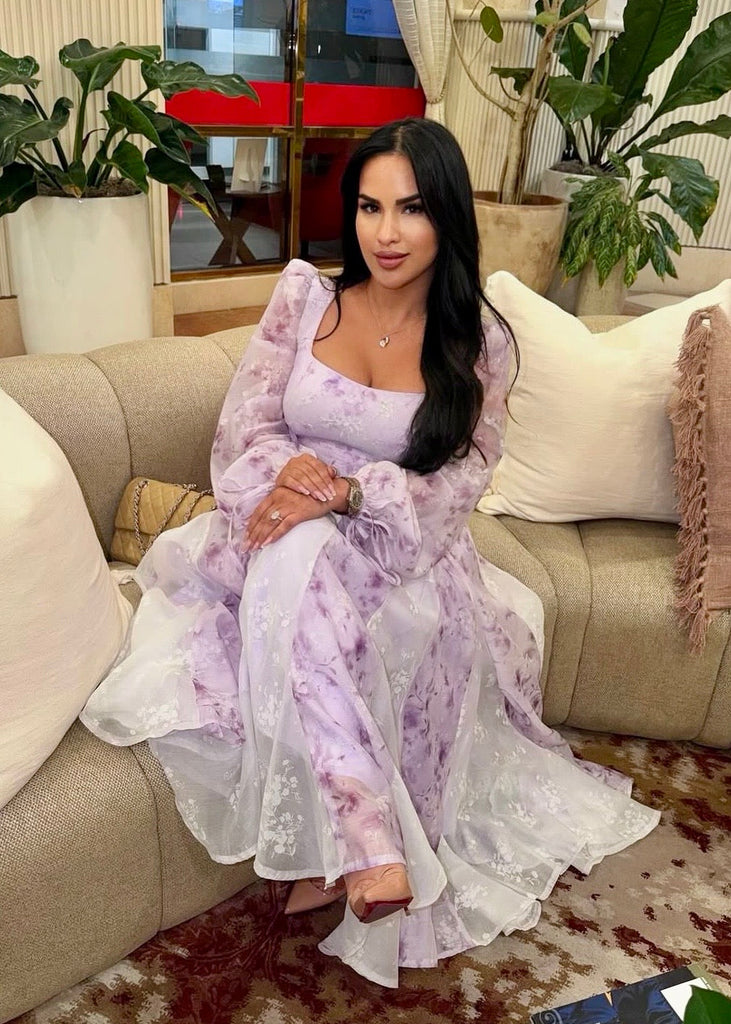 lavender brunch dress SSYS The Gloria 3/4 Sleeve Tiered Brocade Dress In Lavender main image 0