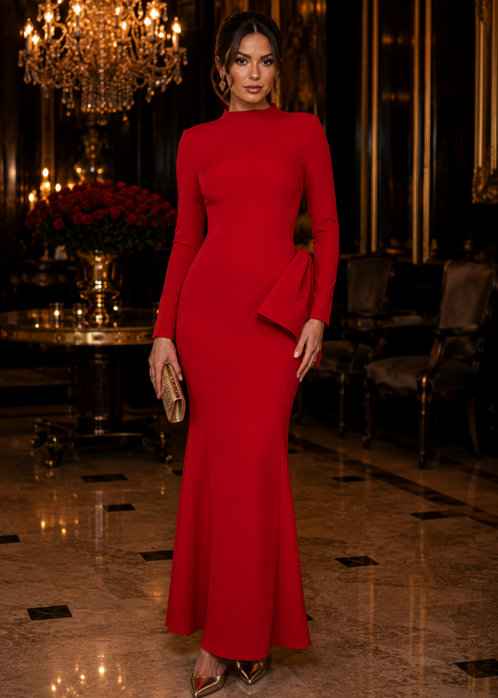 Elegant brunette model wearing the Red Allure backless long sleeve red evening gown with couture bow in a luxurious formal interior.