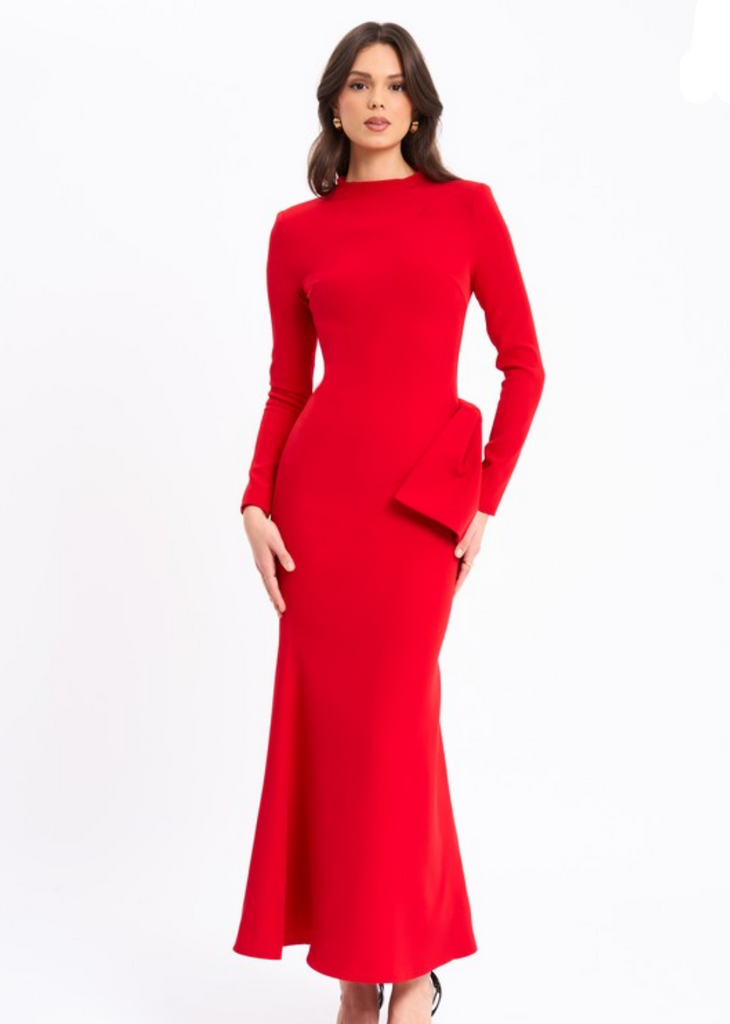 Red backless longsleeve maxi dress with bow on a white background