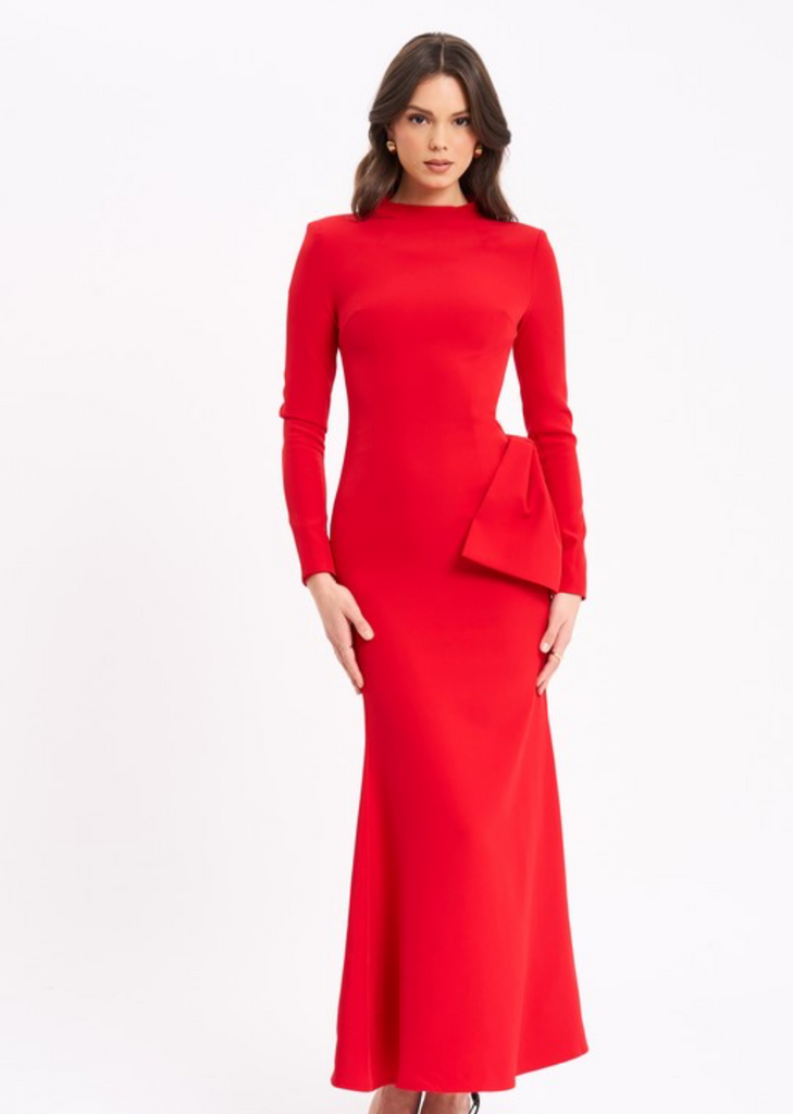 Red Allure Backless Evening Gown Long Sleeve Maxi Dress With Couture Bow M / US 6-8 Red Allure Backless Evening Gown Long Sleeve Maxi Dress With Couture Bow M / US 6-8