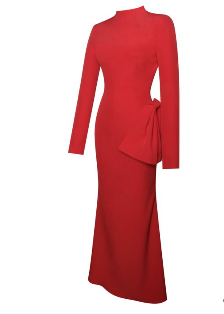 Red backless longsleeve maxi dress with a bow on a white background