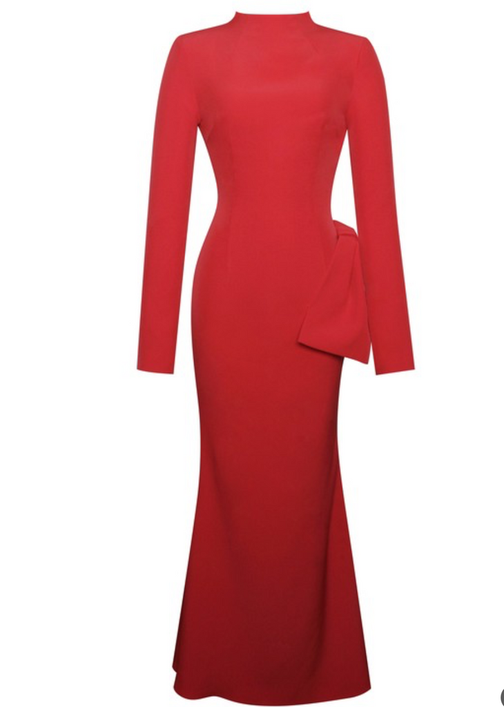 Red backless longsleeve maxi dress with bow 