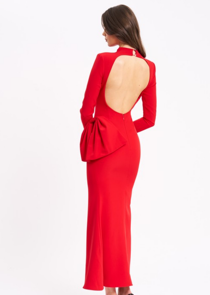Red backless longsleeve maxi dress with bow detail  