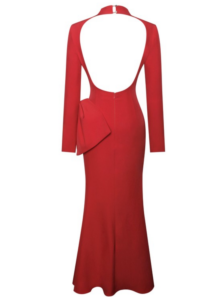 Red backless longsleeve maxi dress with bow on a white background